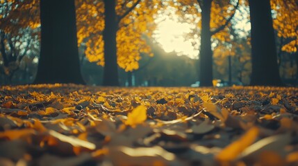 fallen leaves resting beneath towering trees, their vibrant colors creating a stunning natural carpet in the park