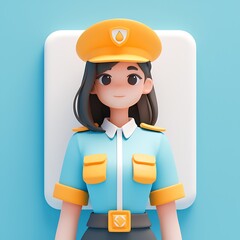 Cute cartoon female police officer in blue uniform against background