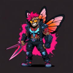 Fototapeta premium Cyberpunk Butterfly Warrior: Neon Nights