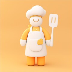 Cheerful Cartoon Chef Character Holding Spatula on Orange Background