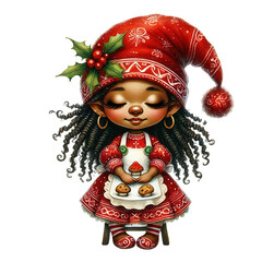 Black Girl Gnome Christmas. A cute girl in a red holiday outfit holding cookies on a plate, wearing a festive hat.