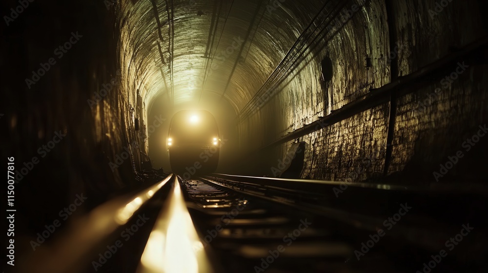 Poster train hurtling through a dimly lit tunnel, the blurry lights and shadows adding to the sense of move