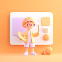 Cute Cartoon Character with Paint Palette and Art Supplies in Orange