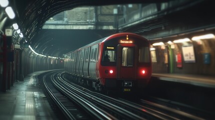 Naklejka premium train in motion, the underground tunnel faint lights creating a dreamy, blurred background