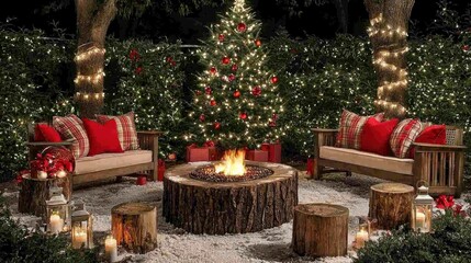 Rustic Christmas Eve Outdoor Fire Pit Scene with Decorated Christmas Trees and Cozy Seating