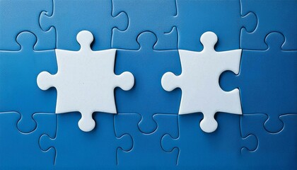 Fototapeta premium Puzzle pieces - Last piece of white puzzle ready to complete the mission on blue background
