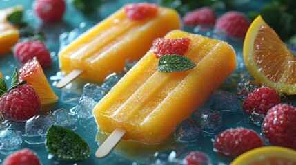 Colorful fruit popsicle on a vibrant summer-themed background