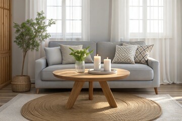 Fototapeta premium Minimalist living room a jute rug under a wooden table, grey sofa with textured pillows, vase of greenery, candleholder, light grey walls with wooden trims, sunlight through white curtains