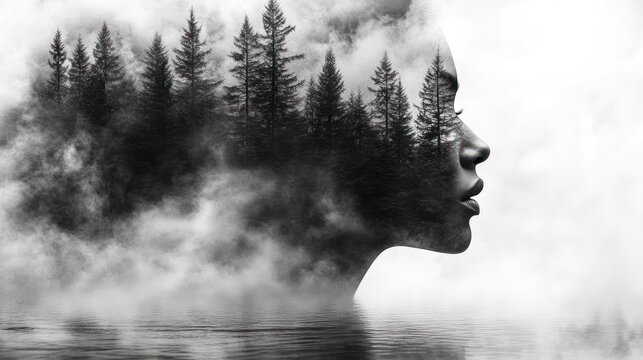 Woman's profile double exposed with misty forest and lake reflection.