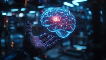 robot holding a hologram of a digital brain, AIpowered technology, artificial intelligence concept, future of digital tools and machines, digital brain evolution
