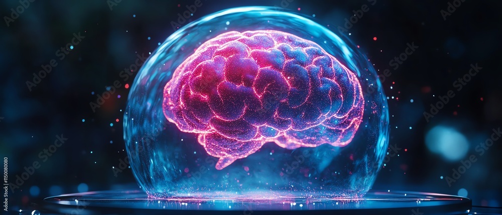 Poster robot presenting a hologram of a digital brain, ai technology and tools, future of machines, artific