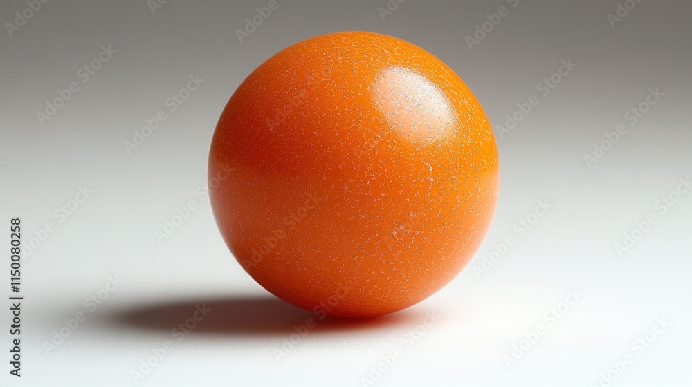 Poster orange sphere with subtle texture and highlight, resting on a white surface against a gray backgroun