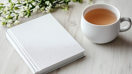 Mockup plain white book notebook and cup of tea, plain blank no text book cover, wooden working desk table
