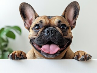 A cheerful French Bulldog peeks over a surface, showcasing its playful personality and expressive features in a bright indoor setting.