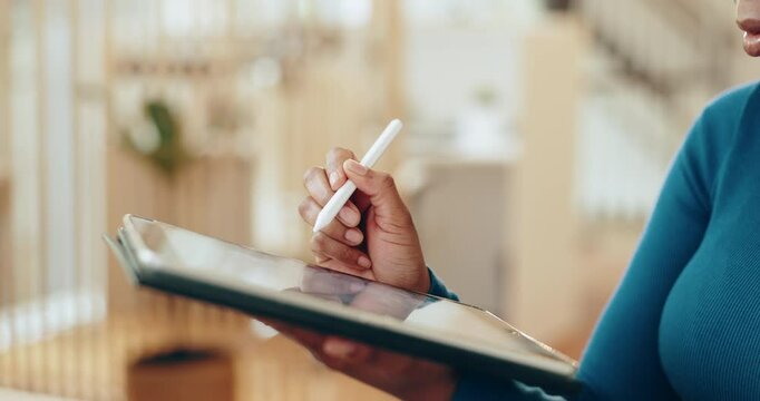Business woman, hands and writing with tablet for digital design, content creation or browsing at office. Closeup, female person or creative designer with technology or pen for online schedule or app