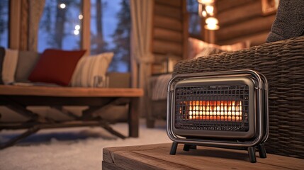 Cozy Indoor Heater in Rustic Cabin Ambiance with Warm Glow
