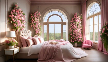 Generated image Luxurious bedroom adorned with pink roses and a large arched window