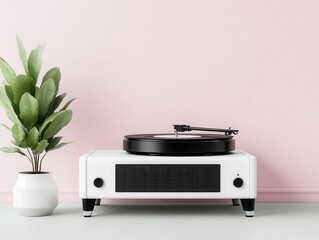 Stylish retro turntable and green plant against pastel pink wall for minimalist home decor