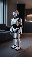 A robot stands in a living room with a couch and a sink