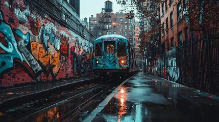 Obraz premium Vibrant Graffiti Covered Train Glides Through Rainy Urban Underpass