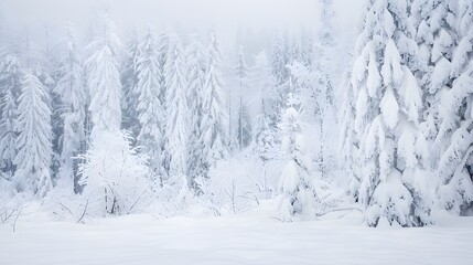 Fototapeta premium Snowy trees in a serene winter wonderland, offering a breathtaking view of nature's beauty during the cold season.
