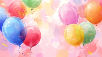Colorful watercolor balloons floating on a pink background.