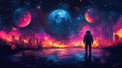 Obraz premium Astronaut gazing at vibrant alien planets and futuristic city skyline reflecting on a wet surface under a starry night sky.