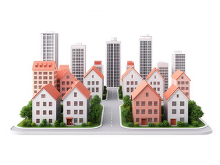 Fototapeta premium Urban and Suburban Residential Area with Modern and Traditional Houses, Skyscrapers, Greenery, and Street in a Conceptual 