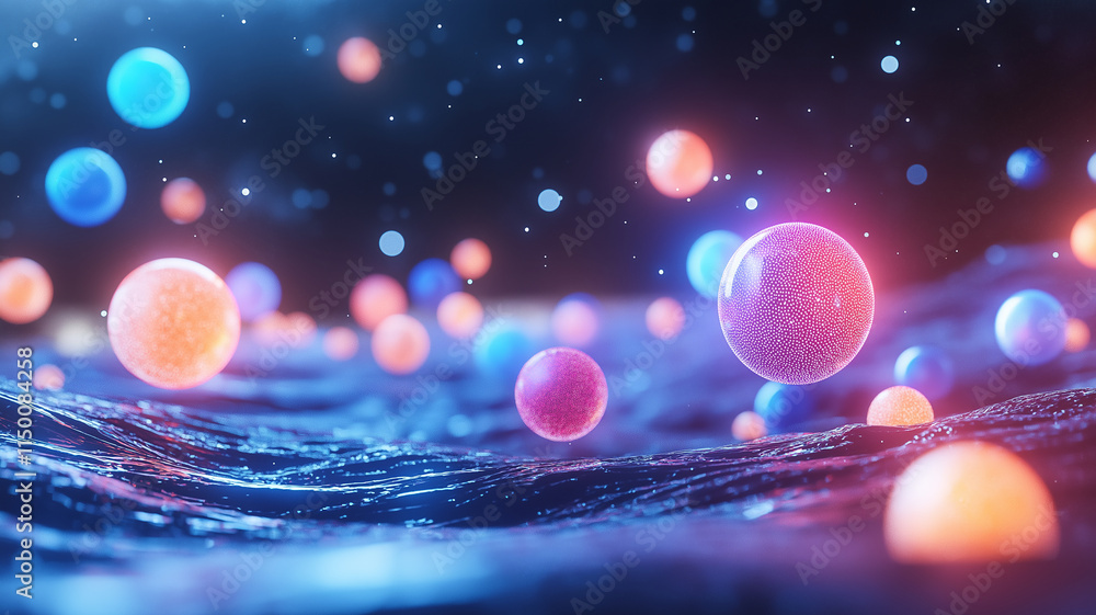 Poster vibrant abstract spheres floating in dynamic fluid environment