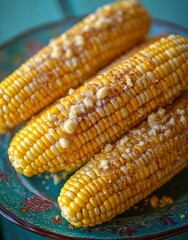 Three golden corn cobs, buttered and seasoned, rest on a decorative plate.