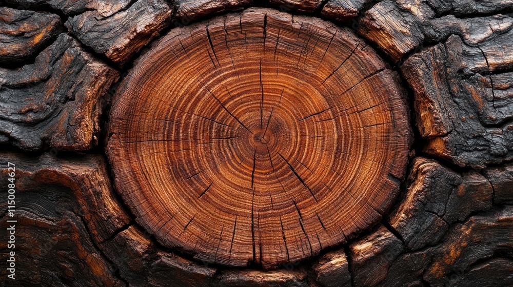 Poster close-up of a tree stump cross-section showing concentric rings and textured bark.