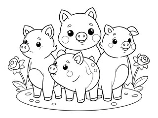 Fototapeta premium 4 little pigs coloring book page with a flower, isolated on a white background. 