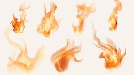 Realistic fire flame effect set white background.