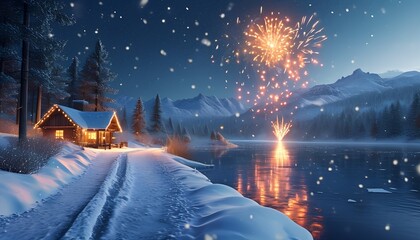 Cozy Cabin by Snowy Lake with Fireworks Display During Winter Night