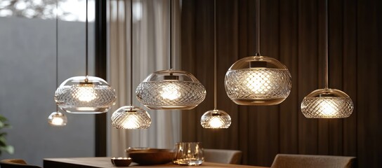 A collection of hanging glass pendant lights, each a different size and design, casting a