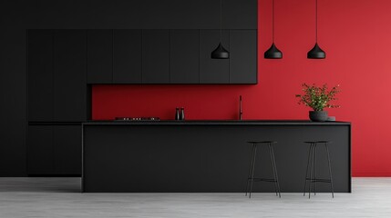 Modern black kitchen design with red accent wall and minimalist decor