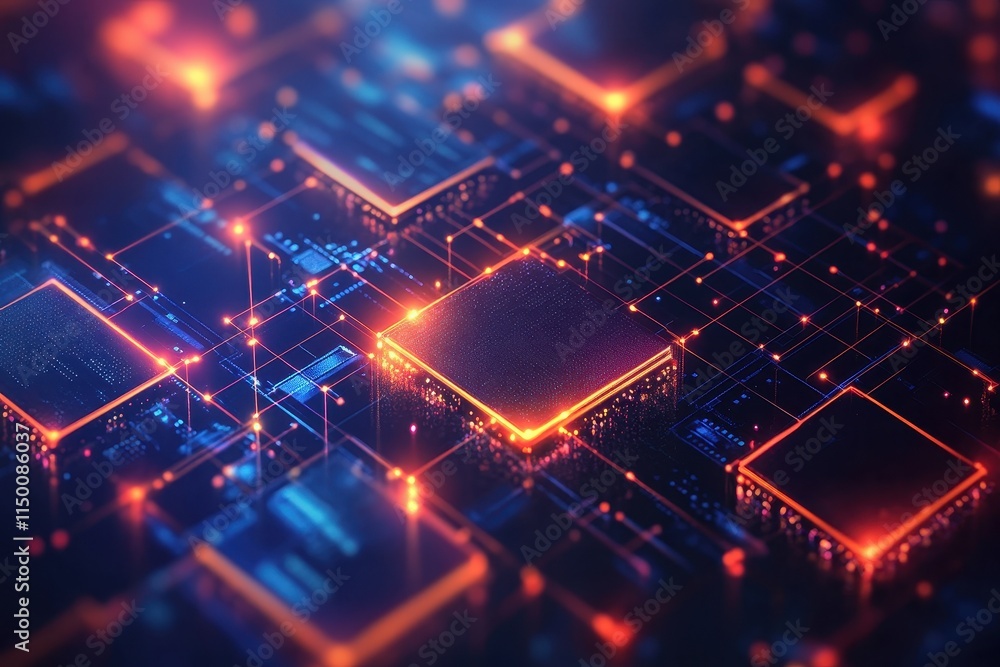Poster abstract digital circuit board with glowing processors.