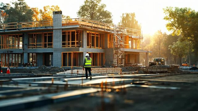 Construction Worker on New Home Site at Sunset