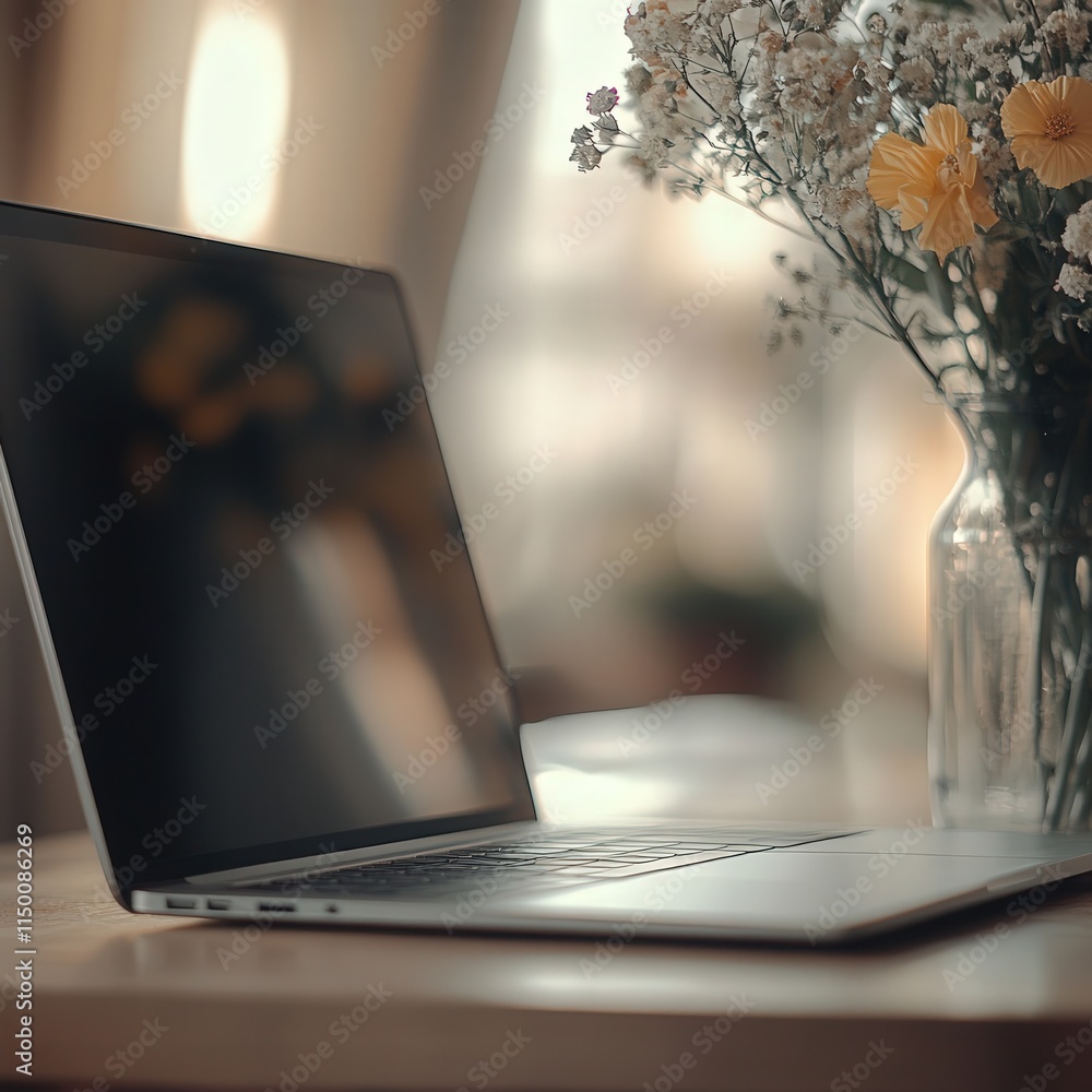 Poster laptop with its screen not showing, positioned on a table, and a blurred vase of flowers in the back