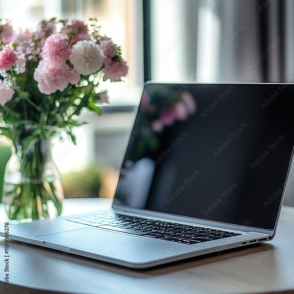 Aufkleber laptop with its screen not showing, positioned on a table, and a blurred vase of flowers in the back