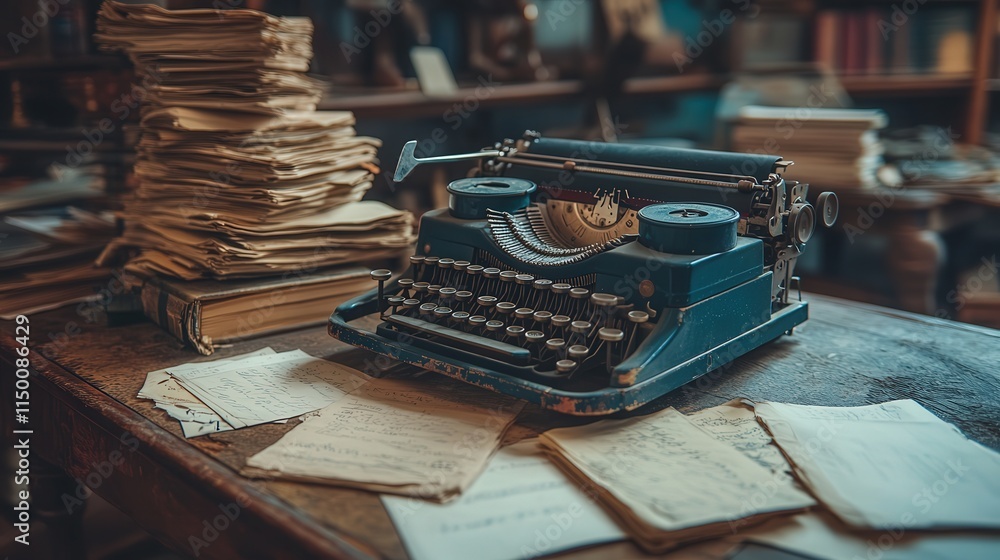 Aufkleber typewriter and a pile of neatly arranged papers on a table, with soft shadows and light that highlig