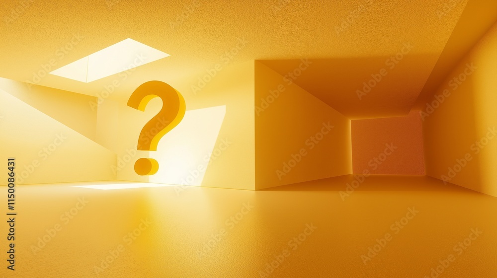 Poster in a tranquil room basking in warm, yellow light, a large question mark stands as a focal point, inv