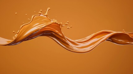 Pouring water movement dynamic. A dynamic splash of caramel-colored liquid gracefully curves against a warm orange background, showcasing movement and fluidity.