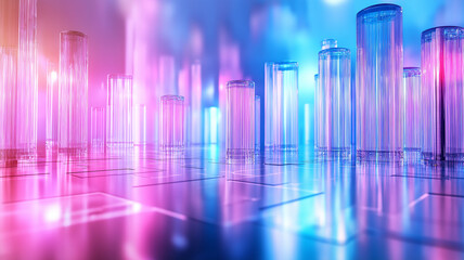 vibrant digital landscape with glowing columns and reflections