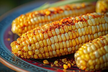 Grilled corn on the cob seasoned with chili powder on a plate.