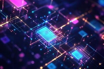 Abstract digital circuit board with glowing nodes and connections.