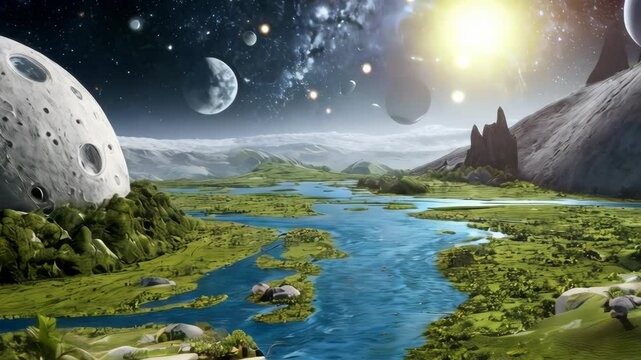 Futuristic landscape with vibrant domed structures, lush greenery, and celestial bodies, evoking otherworldly atmosphere filled with planets and stars, inspiring wonder and exploration.