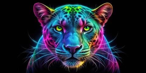 Neon Panther Head Panoramic Wallpaper, Black Background, Big Cat, Wildlife Art, Digital Painting, Abstract Animal