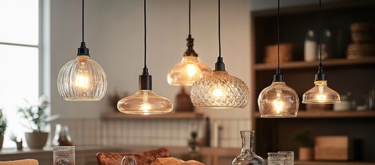 A collection of vintage glass pendant lights, varying in size and shape, suspended over an