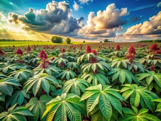 Obraz premium Panoramic Castor Bean Plant Field, Lush Green Castor Oil Plant Farm, Wide Angle Castor Seed Plantation Photography